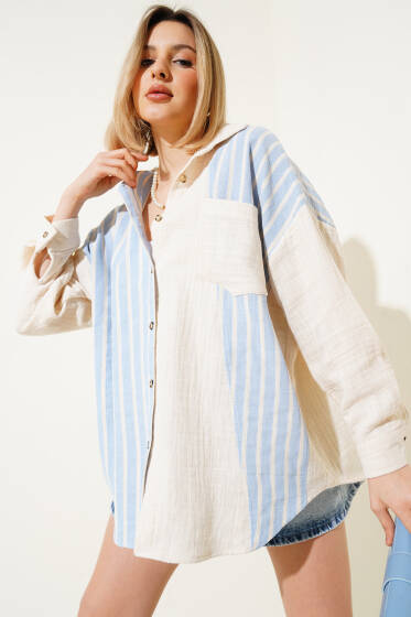 Çizgili Cepli Salaş Keten Gömlek Mavi - Kadın Giyim Modelleri