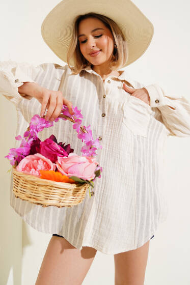 Çizgili Cepli Salaş Keten Gömlek Taş - Kadın Giyim Modelleri