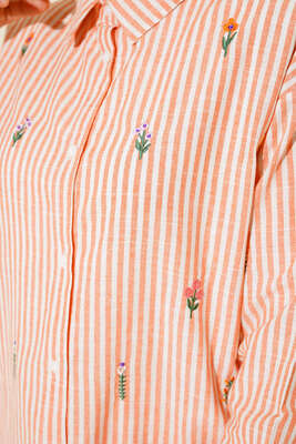Çizgili Çiçek Nakışlı Gömlek Oranj - Thumbnail