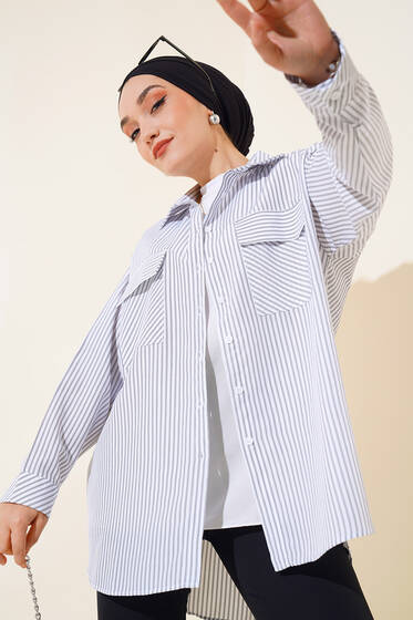 Çizgili Çift Cep Kapaklı Gömlek Beyaz - Gömlek