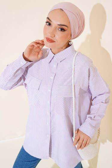Çizgili Çift Cep Kapaklı Gömlek Pudra - Gömlek