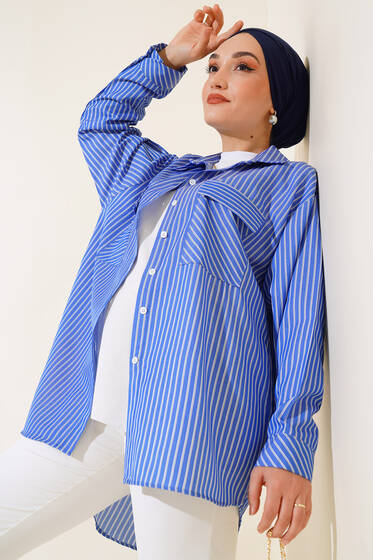 Çizgili Çift Cep Kapaklı Gömlek Saks - Gömlek