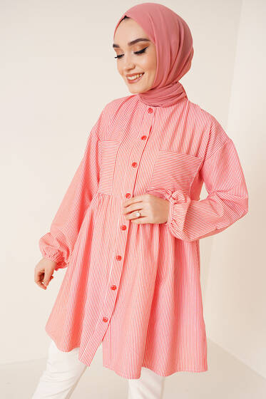 Çizgili Çift Cepli Gofre Gömlek Alizarin - Gömlek