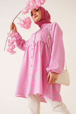 Çizgili Çift Cepli Gofre Gömlek Fuşya 