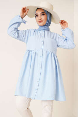 Çizgili Çift Cepli Gofre Gömlek Mavi - Gömlek