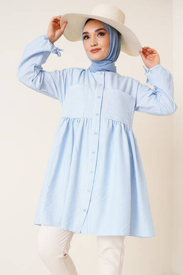 Çizgili Çift Cepli Gofre Gömlek Mavi - Gömlek