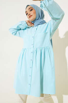 Çizgili Çift Cepli Gofre Gömlek Turkuaz 