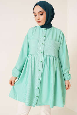 Çizgili Çift Cepli Gofre Gömlek Yeşil 