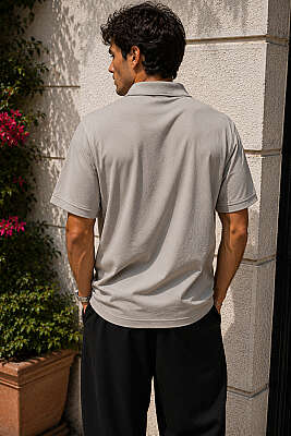 Çizgili Çıtçıtlı Polo Yaka Erkek T-shirt Gri - Erkek T-shirt