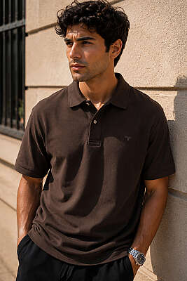 Çizgili Çıtçıtlı Polo Yaka Erkek T-shirt Kahve - FRESHMAN