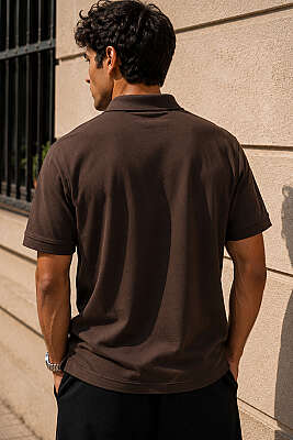 Çizgili Çıtçıtlı Polo Yaka Erkek T-shirt Kahve - Erkek T-shirt