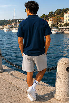 Çizgili Çıtçıtlı Polo Yaka Erkek T-shirt Lacivert - Erkek T-shirt