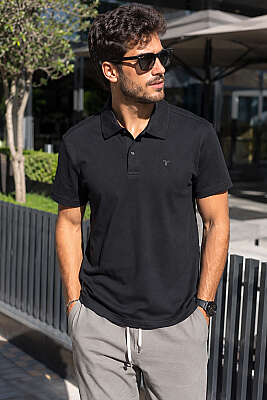 Çizgili Çıtçıtlı Polo Yaka Erkek T-shirt Siyah - FRESHMAN