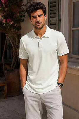 Çizgili Çıtçıtlı Polo Yaka Erkek T-shirt Su Yeşili - FRESHMAN