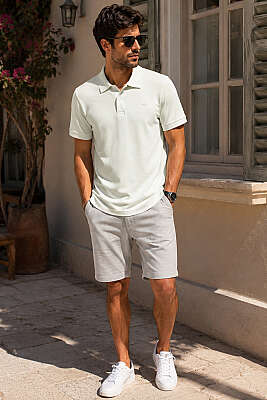 Çizgili Çıtçıtlı Polo Yaka Erkek T-shirt Su Yeşili - Erkek T-shirt