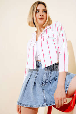 Çizgili Crop Gömlek Fuşya - Kadın Giyim Modelleri