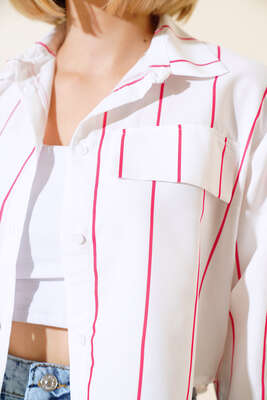 Çizgili Crop Gömlek Fuşya - Kadın Giyim Modelleri