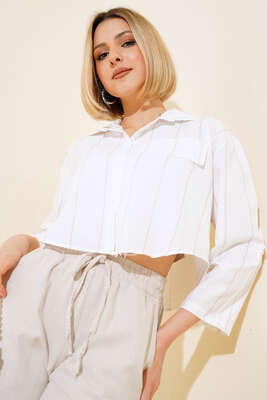 Çizgili Crop Gömlek Latte - Kadın Giyim Modelleri