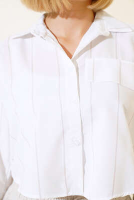 Çizgili Crop Gömlek Latte - Kadın Giyim Modelleri