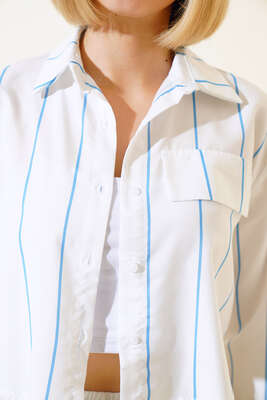 Çizgili Crop Gömlek Mavi - Kadın Giyim Modelleri