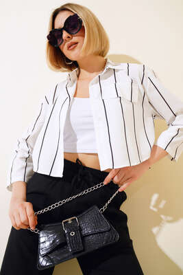 Çizgili Crop Gömlek Siyah 
