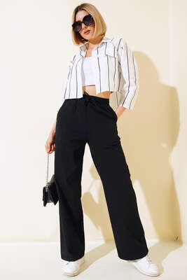 Çizgili Crop Gömlek Siyah - Kadın Giyim Modelleri