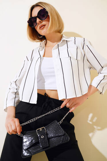 Çizgili Crop Gömlek Siyah - Yeni Giyim
