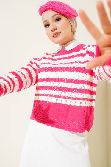 Çizgili Delikli Triko Kazak Fuşya - Triko