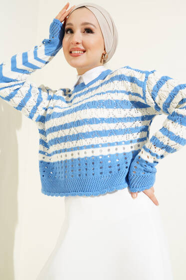 Çizgili Delikli Triko Kazak İndigo - Triko