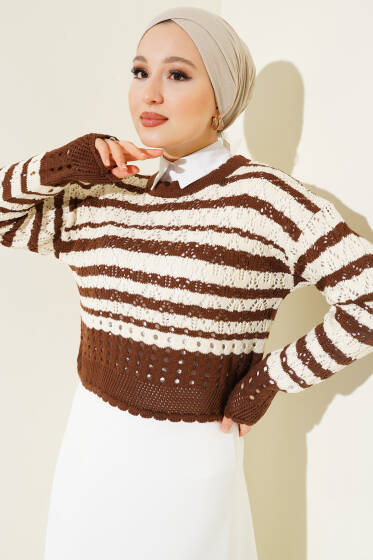 Çizgili Delikli Triko Kazak Kahve - Triko