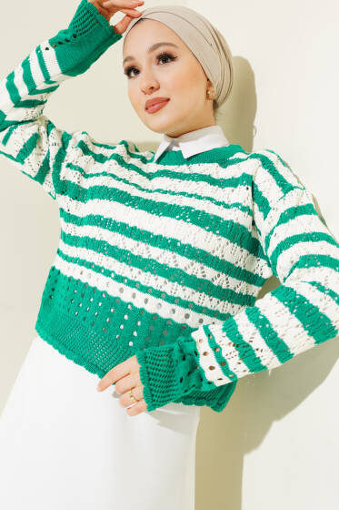 Çizgili Delikli Triko Kazak Zümrüt - Triko