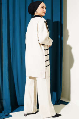 Çizgili Denizci Yaka Triko İkili Takım Bej - İkili Takım