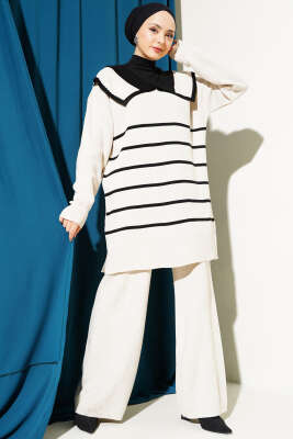 Çizgili Denizci Yaka Triko İkili Takım Bej 