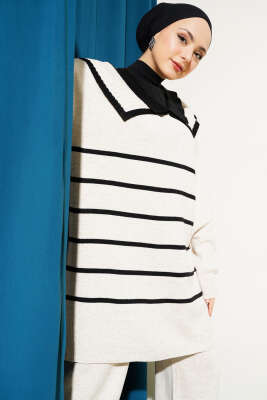 Çizgili Denizci Yaka Triko İkili Takım Bej - Triko İkili Takım