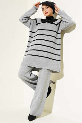 Çizgili Denizci Yaka Triko İkili Takım Gri 