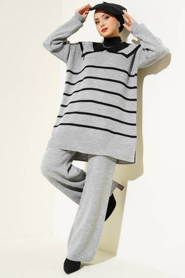 Çizgili Denizci Yaka Triko İkili Takım Gri - İkili Takım