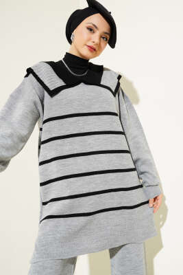 Çizgili Denizci Yaka Triko İkili Takım Gri - İkili Takım