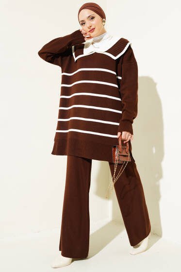 Çizgili Denizci Yaka Triko İkili Takım Kahve - İkili Takım