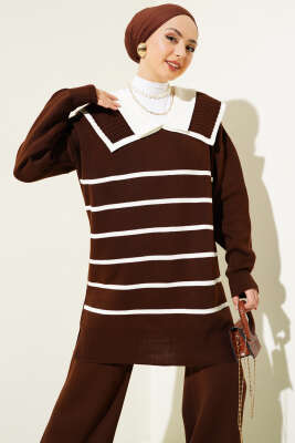 Çizgili Denizci Yaka Triko İkili Takım Kahve - Triko İkili Takım