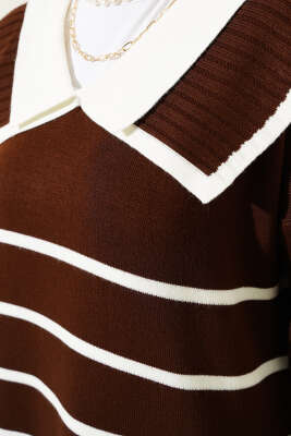 Çizgili Denizci Yaka Triko İkili Takım Kahve - Triko İkili Takım