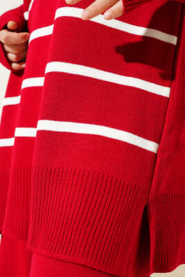 Çizgili Denizci Yaka Triko İkili Takım Kırmızı - İkili Takım