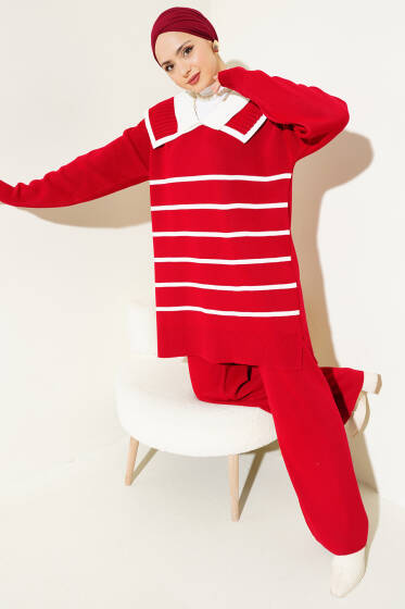 Çizgili Denizci Yaka Triko İkili Takım Kırmızı - İkili Takım
