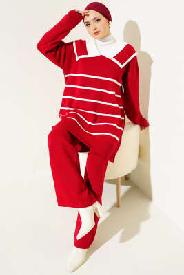 Çizgili Denizci Yaka Triko İkili Takım Kırmızı - Triko İkili Takım