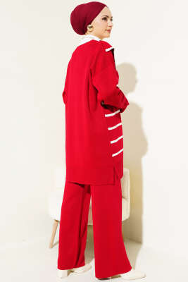 Çizgili Denizci Yaka Triko İkili Takım Kırmızı - Triko İkili Takım