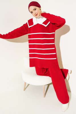 Çizgili Denizci Yaka Triko İkili Takım Kırmızı 