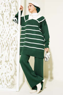 Çizgili Denizci Yaka Triko İkili Takım Nefti 