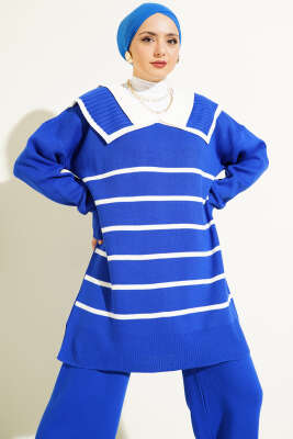 Çizgili Denizci Yaka Triko İkili Takım Saks - İkili Takım