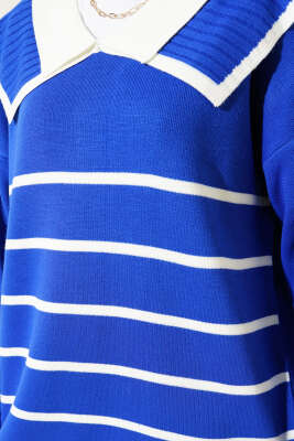 Çizgili Denizci Yaka Triko İkili Takım Saks - İkili Takım