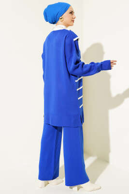 Çizgili Denizci Yaka Triko İkili Takım Saks - İkili Takım