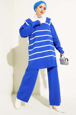 Çizgili Denizci Yaka Triko İkili Takım Saks 